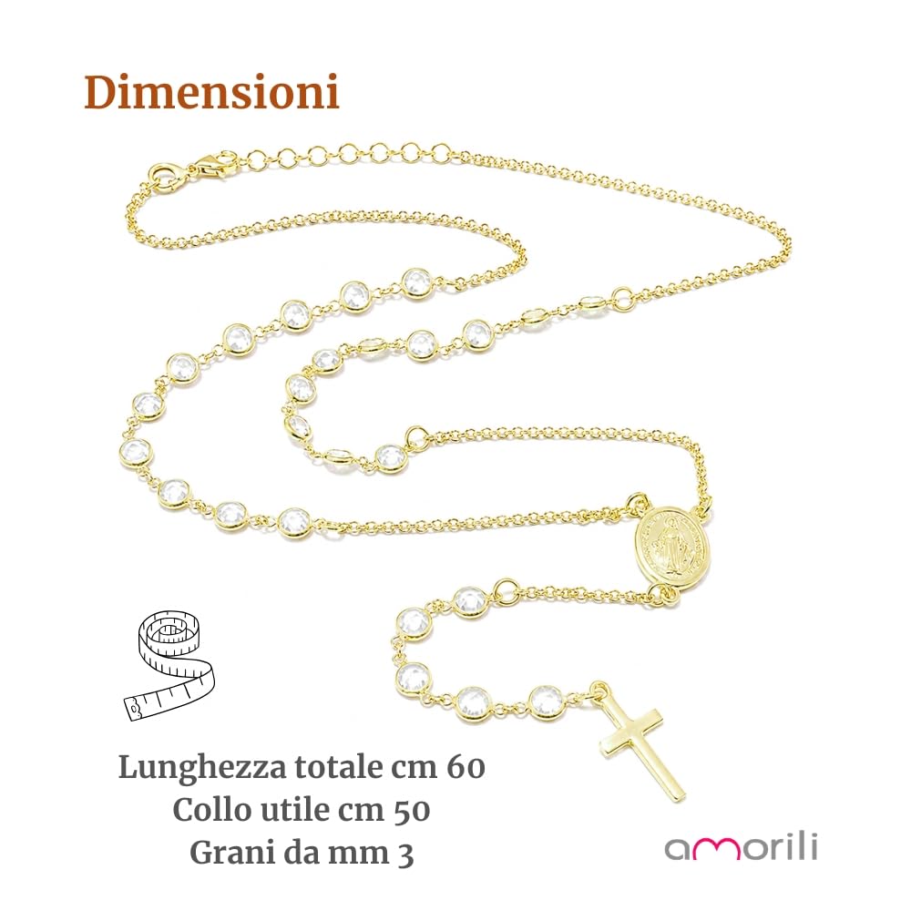 Collana Rosario Donna in Argento 925 Dorato con Postine di Zirconi Bianchi – Gioiello Religioso Cattolico Cristiano con Croce e Medaglia Miracolosa – Simbolo di Fede Elegante cll0827
