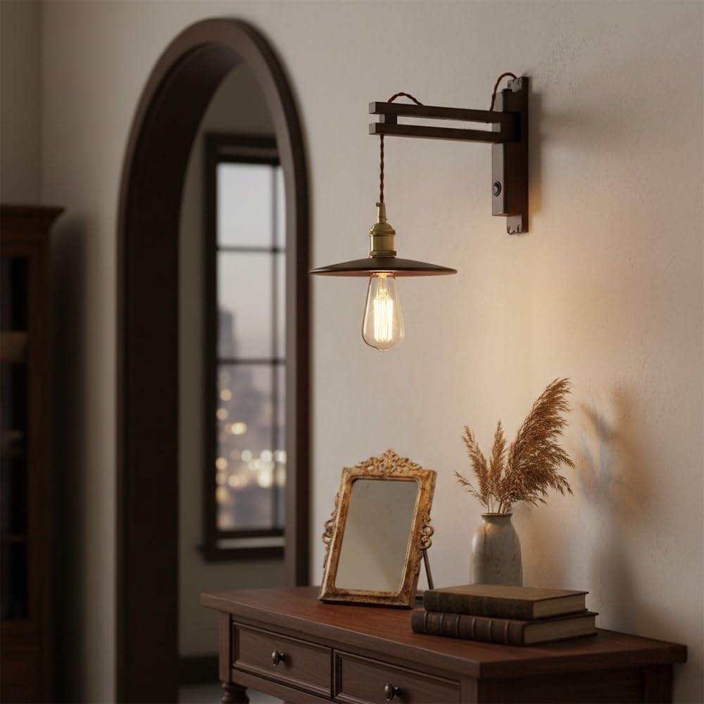 Mid Century Wood Swing Arm Wall Sconce, Adjustable Wall Lamp with Walnut Finish, Metal Shade and, Retro Industrial Farmhouse Reading Light for Bedroom, Study Room, Office Parlor