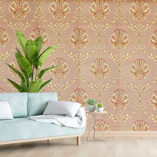 Image of Eurotex PVC Wallpaper Roll for Wall Decor, Non -Adhesive Damask Design wallcoverings for Living Room, Bedroom Walls (Luxury Vinyl Coated 57 sq.ft Roll, Mocha Color)