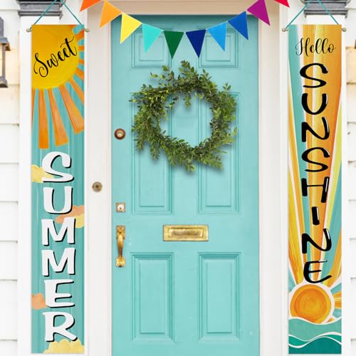 Deroro Sweet Summer Boho Sun Porch Banner Sign, Hello Sunshine Sunrise Cloud Bohemian Front Door Decorative Hanging Banner Flag, Yellow Teal Seasonal Decoration Home Outdoor Decor