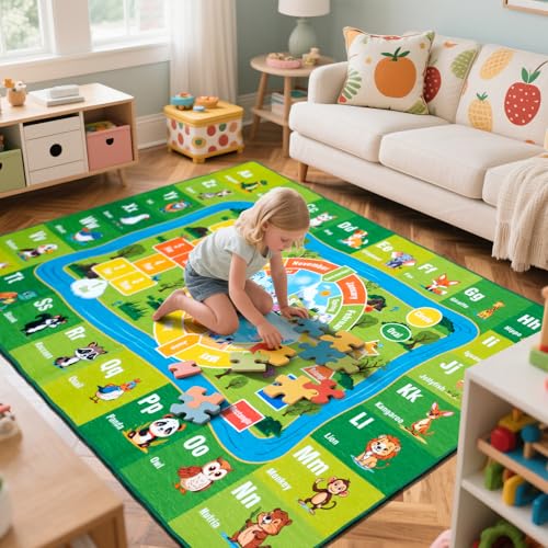 junhejiamei 5'x 7' ABC Carpet, Kids Rug for Playroom Classroom Bedroom, Educational Learning Play Mat with Alphabet Animals Numbers & Shapes,(5x7 Feet)