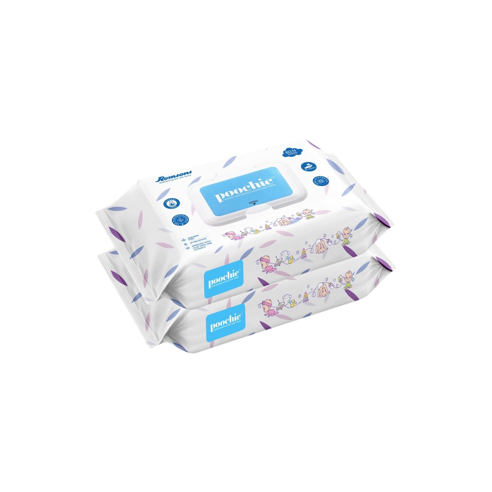 Dignity Poochie 100% Biodegradable Baby Wipes Enriched with Aloe Vera and Vitamin E, 150 x 200 mm (Pack of 2) 160 Wipes