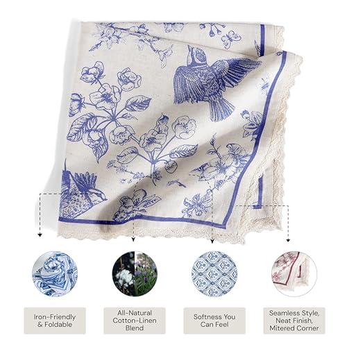 Image of FINGERCRAFT Cotton Linen Blend Table Napkins Set of 6, 20x20 Inch Blue Bird Print Cloth Napkins with Classic Lace Border, Reusable Washable Dinner Napkins for Kitchen Party Restaurants (Toile Blue)