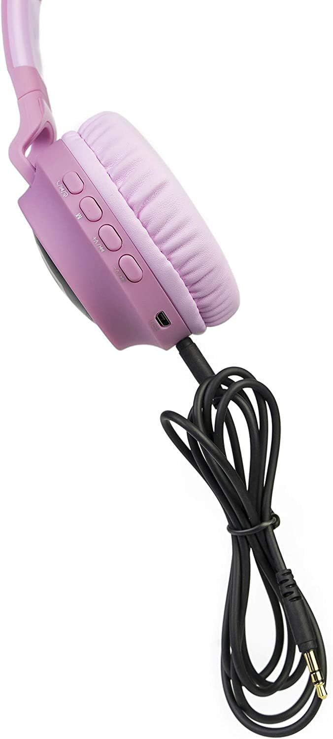 PowerLocus Kids Bluetooth Headphones connected via Aux cable, showing the 3.5mm jack.