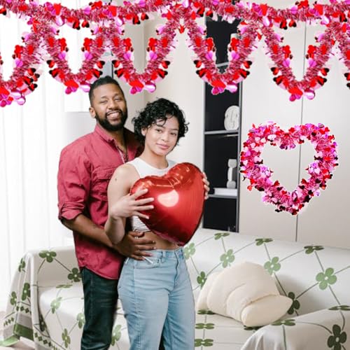 Image of 2Pcs Valentine's Day Tinsel Garlands 66FT Metallic Fringe Garland with Pink Hearts Glitter Streamers for Wedding, Engagement, Anniversaries, Romantic Love Valentines Day Decorations
