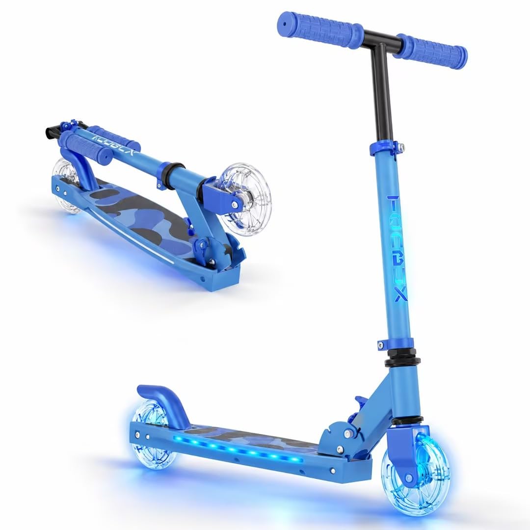 TONBUX Foldable LED Kids Scooter, 7 Light Modes Glowing Wheels Deck & Stem, 3-Level Height Adjustable Non-Slip Pedals & Rear Brake, Foldable Lightweight Scooter Children from 5 to 12 Years