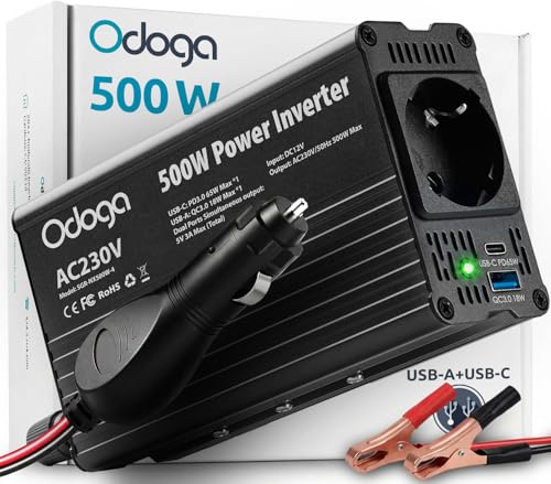 Odoga Convertisseur 12V 220V Voiture – Transformateur 500W, Onduleur, Ports de Charge USB-A & USB-C 3A, Convertisseur de Tension, Recharger Votre Ordinateur Portable, Iphone et Plus