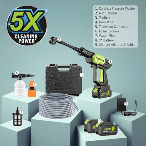 Image of Kapicon KP-GBPW Cordless Pressure Washer 48V 12000mAh | 80 Bar Portable Car Washer | Rechargeable Battery High Pressure Cleaner with Spray Gun for Car, Bike & Home Cleaning