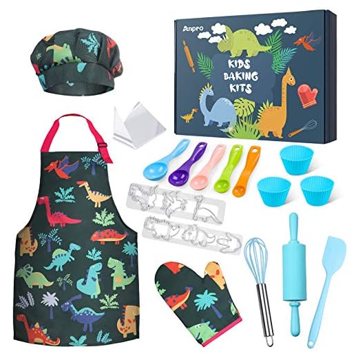 Anpro 27 PCS Kit de Cocina y Horneado para Niños, Juego de Roles para Niños,Chef Set Accesorios de Juego,Regalos para Cumpleaños y Navidad (Verde Oscuro, 3-7 años)