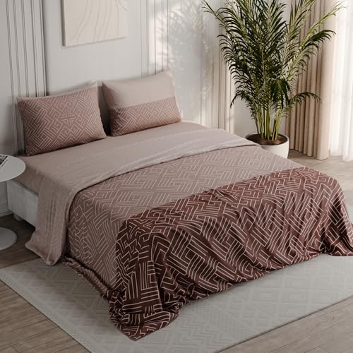 Image of BLISSHOME Everlast 150TC King Size Printed Bedsheet with 2 Pillow Covers for Double Bed, Aesthetic Bedding, Wrinkle Resistant, 100+ Wash Durable, Quick Dry, Geometric Pattern - Brown (228cm x 274cm)