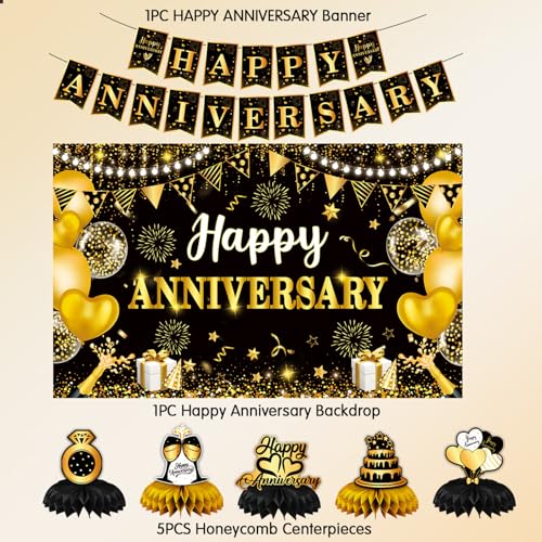Image of Happy Anniversary Decorations,Happy Wedding Anniversary Party Supplies - Black Gold Happy Anniversary Banner,Backdrop 5.9 x 3.6Ft with 5pcs Honeycomb Centerpiece for Work Anniversary Decorations