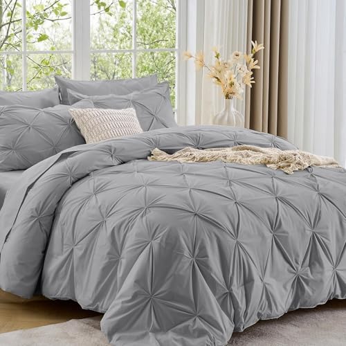 Image of Sasttie King Size Comforter Set, 7-Piece Bed in a Bag, Pintuck Bedding Sets for All Season, Includes Comforter, Flat Sheet, Fitted Sheet, Pillowcases and Pillowshams, Light Grey