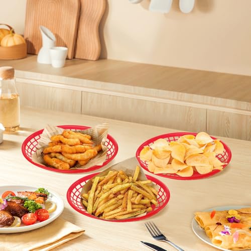 Oungy 100 Pcs Plastic Oval Food Baskets, 22 x 14 x 3.5cm Reusable Fast Food Baskets, Red Foods Serving Basket for Chip, Hot Dog, Burger, Bread, Fruit - Image 4