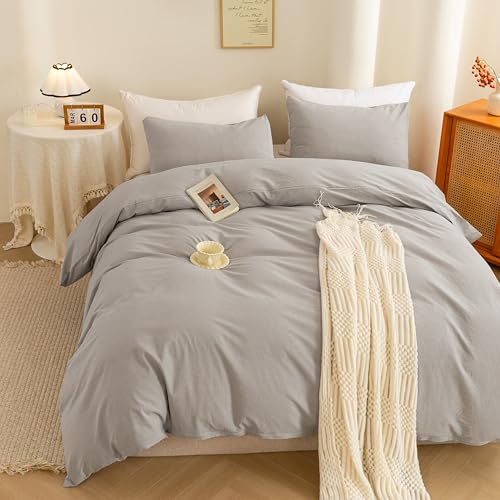 Image of ECOCOTT Light Grey Duvet Cover Queen Size - 100% Washed Cotton Linen Feel Super Soft Comfortable Lightweight 3 Pcs Home Bedding Set with Zipper Closure