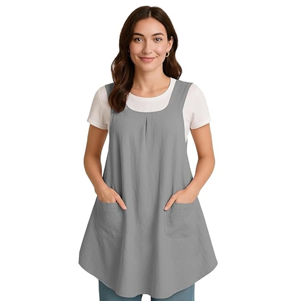 CTRLZS Apron for Gardening Painting Cotton Linen, Japanese Back Design with Pocket Grey