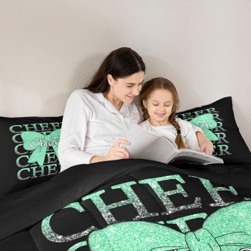 Image of Feelyou Cheer Bow Kids Comforter Set Queen Size Cheerleading Bedding Set Funny Sport Duvet Quilt for Kids Boys Girls Bedroom Green Decor Microfiber Ultra Soft Breathable