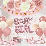 Pink Baby Shower and Gender Reveal Decorations - Ivory White Paper Pom Poms, Rose Gold Dusty Pink Balloons, Banner for Girls