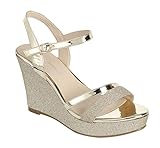 Forever FQ22 Women's Glitter Strappy Wrapped Wedge Heel Platform Sandals, Gold-1, Size 8.5