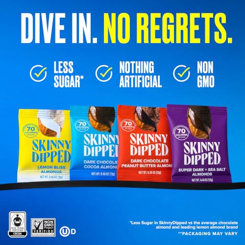Image of SkinnyDipped Snack Attack Minis Almond Variety Pack, 0.46oz Bags | 25 Pack | Crunchy Whole Almonds Thinly Dipped in Chocolate | Gluten Free | Plant Protein Snack Packs