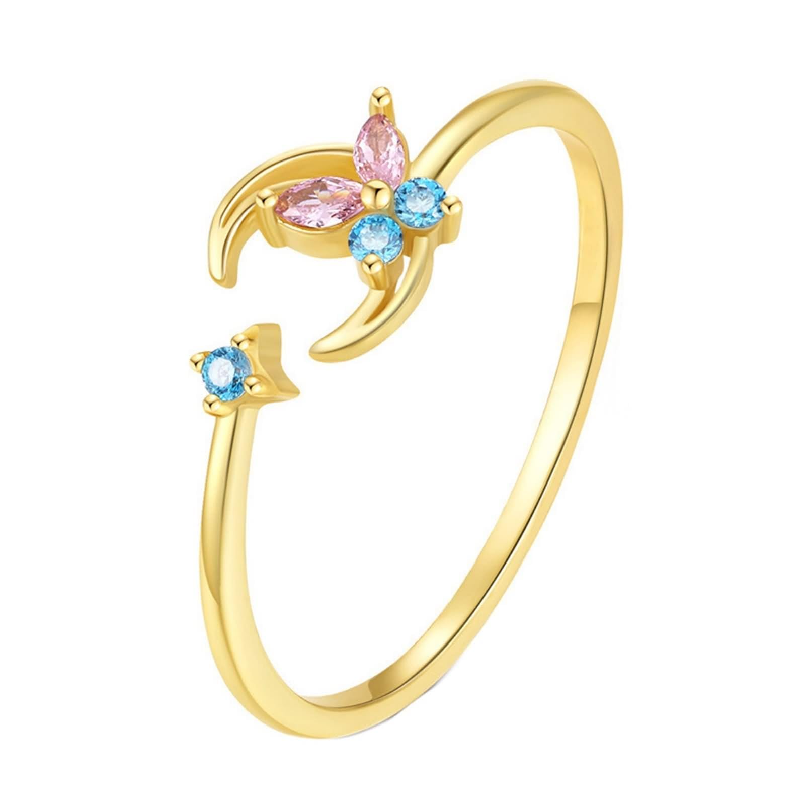 Anello promise, anello di fidanzamento, anello aperto con stella di luna e farfalla, regolabile con taglio marchese rosa, gemma artificiale in oro giallo