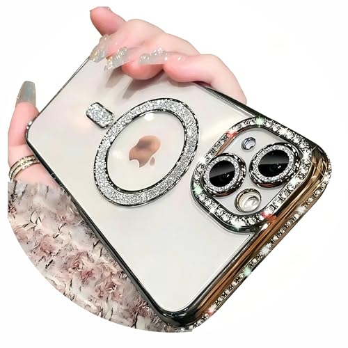 Doulings Magnetic Glitter Diamond for iPhone 12 Pro Case[Compatible with MagSafe] Sparkle Rhinestone Camera Lens Protector Plated,Crtstal Clear Slim Military Drop Shockproof Cover for Women,Black by Doulings - Used condition - US$5.68