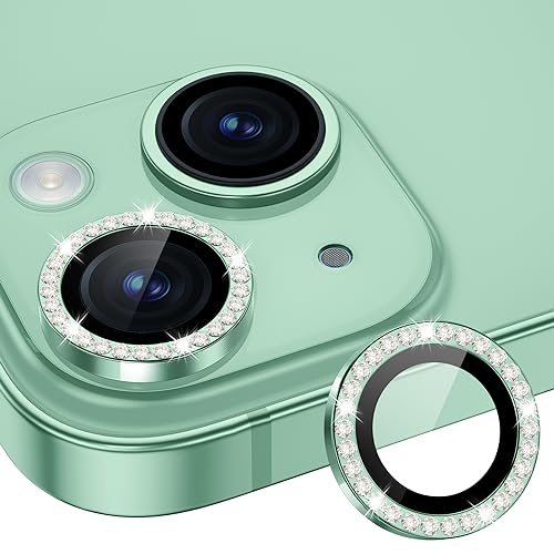 Image of Tempered Glass Camera Lens Protector Compatible For Iphone 15 /15 Plus Bling,Individual Metal Diamond Ring 9H Hardness Scratchproof Protector,Stylish Accessories,Case Friendly(Green Diamond)
