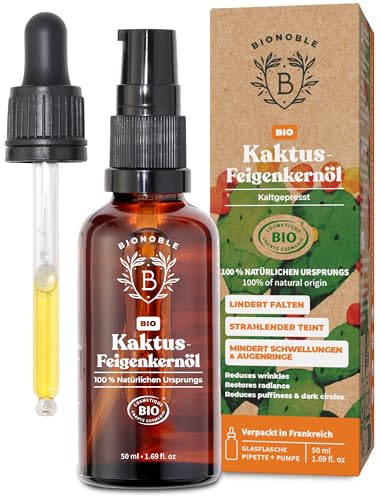 BIONOBLE Kaktusfeigenkernöl Bio Kaltgepresst - 100% Rein Natürlich - Anti-Aging Gegen Falten und Augenringe - Kaktusfeigenöl für Gesicht - Prickly Pear Seed Oil - Glasflasche Pipette Pumpe - 50ml