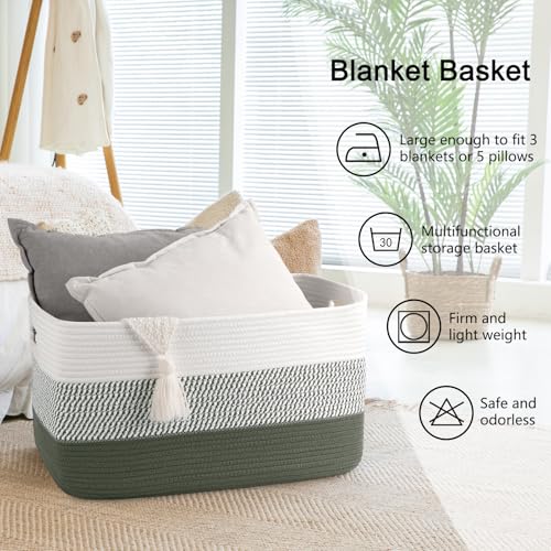 Image of OIAHOMY Large Blanket Basket, 22 inchx17 inchx12 inch Rectangle Woven Baskets, Nursery Blanket Storage Living Room, Toy Storage With Handle, Large Baskets for Organizing-Green /White