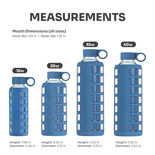 purifyou 40oz / 32oz / 22oz / 12oz Borosilicate Glass Water Bottle with Time & Volume Markers, Silicone Sleeve, Stainless Steel Lid | Reusable Glass Bottle for Water & Juice (40oz Chinese Porcelain)