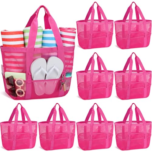 Image of Hillban Large Beach Mesh Bags Bulk for Women Beach Tote Bag with 8 Pocket Zipper Waterproof Sandproof for Pool Cruise Ship