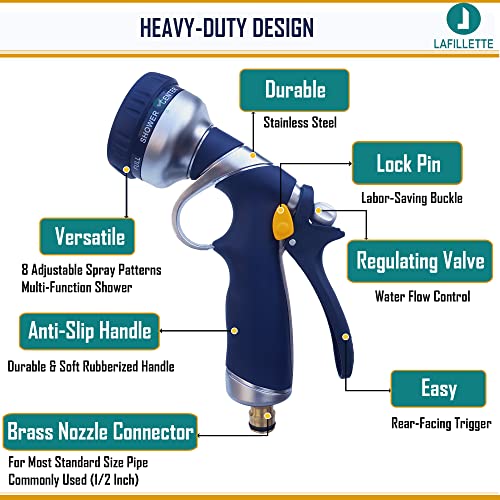 Image of LAFILLETTE Multifunctional High Pressure Foam Water Spray Gun - Garden Hose Nozzle Hand Sprayer, 8 Pattern Metal Watering Nozzle for Car Washing, Garden Watering, Home Cleaning, Pets Washing