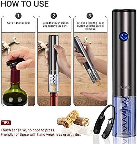 Quntis Electric Wine Bottle Opener One-Touch Rechargeable with Foil Cutter, Automatic Battery Powered Bottle Corkscrew Opener with LED Light, Housewarming Christmas Thanksgiving Wine Lover Gift Set
