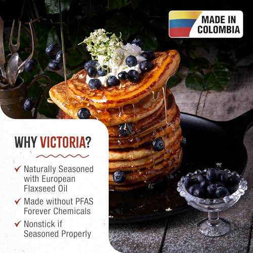 Image of Victoria 12-Inch Cast Iron Comal Pizza Pan with a Long Handle and a Loop Handle, Preseasoned with Flaxseed Oil, Made in Colombia