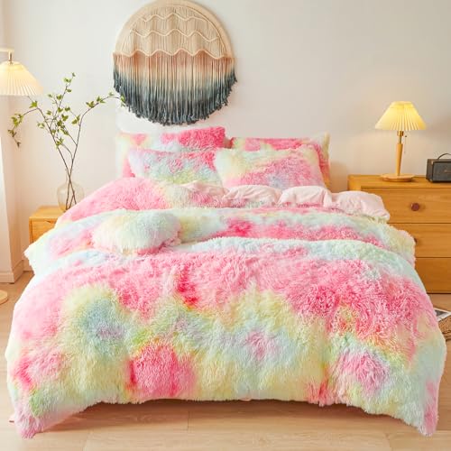 Faux Fur Fluffy Rainbow Comforter Cover Queen Set – Plush Faux Fur Rainbow Bedding 3-Piece Set (1 Duvet Cover + 2 Furry Pillow Shams) Cozy Bed Set