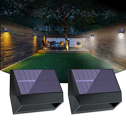 2 Pack Solar Wall Lights Outdoor Warm Light/White Light Changing Deck Lights, Solar Fence Lights Outdoor Waterproof IP65, Deck Security Lighting for Wall Patio Garden Yard Path Fence