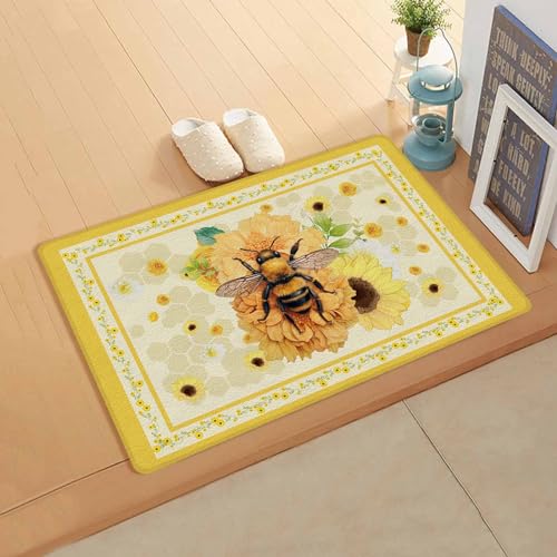 Floral Bee Antifatigue Kitchen Bath Door Mat Cushioned Runner Rug,Washable Welcome Floor Sink Mat,Waterproof Kitchen Standing Doormat,Yellow Orange Blossoms Sunflower Daisy Spring Summer 18