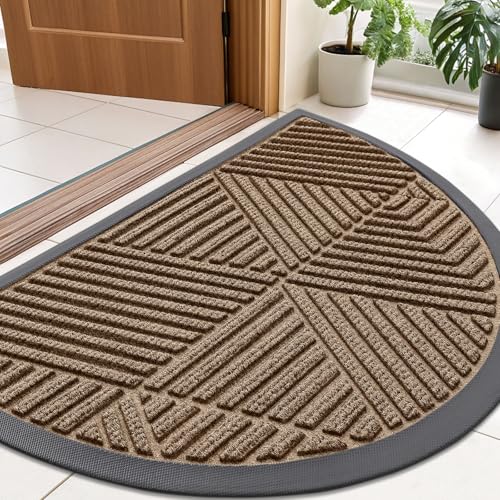 Image of Smiry Half Circle Front Door Mat Outside Entrance, Heavy Duty Sturdy Natural Rubber Doormat, Trap Dirt and Moisture, Low Profile Mats for Indoor Outdoor Entry, Irregular Triangle (35x23, Brown)