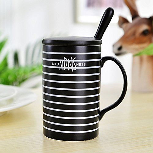 UUUOUU Tazza da caffè a righe creative, semplice personalità, con coperchio e cucchiaio, in porcellana, per caffè e latte succo di frutta (nero