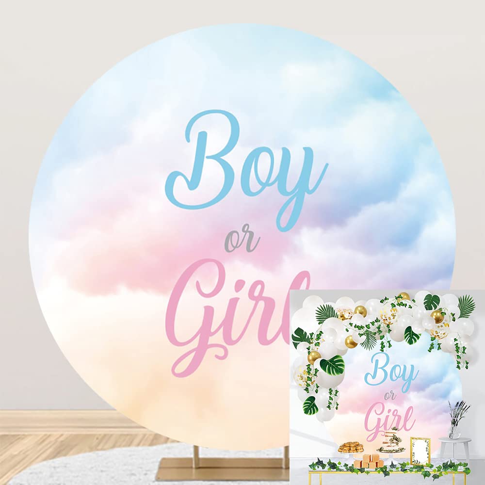 OERJU 7.2x7.2ft Gender Reveal Round Backdrop Boy or Girl Blue Pink Clouds Photography Background Circle Backdrop Cover Newborn Baby Shower Reveal