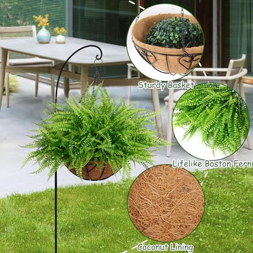 KHOYIME Artificial Hanging Plants with Basket 2PCS Fake Boston Fern Baskets, Outdoor Faux Greenery Stems Hanging Decor UV Resistant Indoor Outside Decorations for Home Garden Porch Balcony Patio Yard
