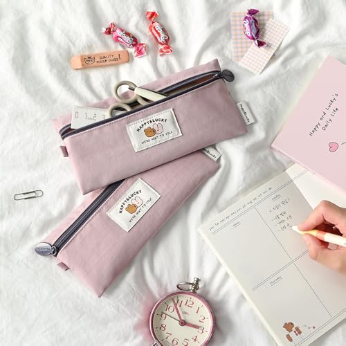 Image of Monolike Happy and Lucky Flat Pencil Case, Indie pink - Slim Water-Resistant Nylon Pen Pouch, Aesthetic Pastel Stationery Organizer for Office