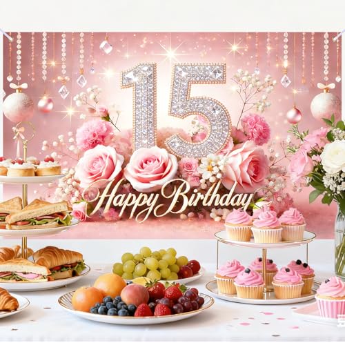 Image of Nuxovilar 15th Birthday Banner - Elegant Pink & Gold Floral Backdrop