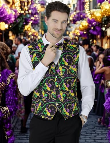 2-Piece Men's Mardi Gras Halloween Vest, Waistcoat Vest & Bow Tie S-3XL2