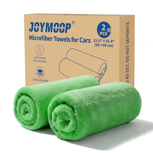 Image of JOYMOOP Microfiber Towels for Cars, 2 Pack 35.4 inch x 23.6 inch Car Drying Towel, Green Reusable Car Towel, Quick Drying Car Microfiber Cleaning Cloth for RVs, SUVs, Trucks