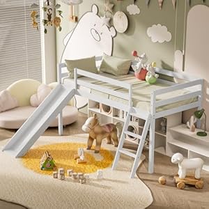 Low Loft Bed with Slide, Wood Twin Loft Bed Frame with Climbing Ladder & Storage Space for Kids Toddler (White) Low Loft Bed with Slide Wood Twin Loft Bed Frame with Climbing Ladder Storage Space for Kids Toddler White