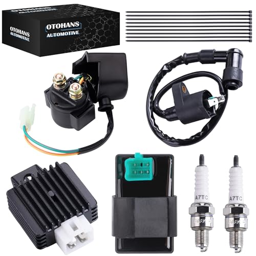 Ignition Coil 5-PIN CDI Box Solenoid 4-PIN Relay Voltage Regulator Spark Plug Kit Compatible with 50cc 70cc 90cc 110cc 125cc ATV Chinese Go Kart Dirt Bike Pit Bike TaoTao Moped Scooter Parts
