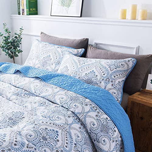 NEWLAKE Cotton Bedspread Quilt Sets - Reversible Patchwork Coverlet Set, Blue Classic Royal Pattern, California King Size
