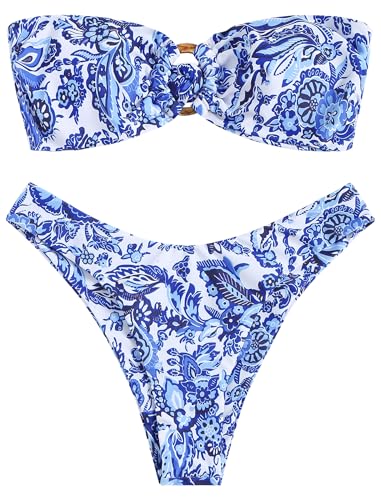 Image of ZAFUL Women's Bandeau Bikini O Ring Strapless Tie Back High Cut Two Piece Swimsuit Bathing Suits