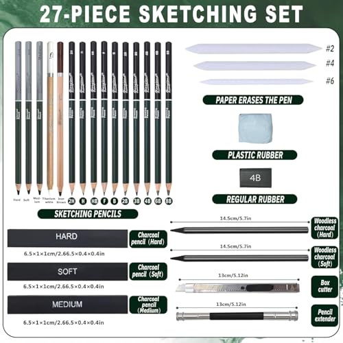 Image of PLUSPOINT 27 Piece Sketch Drawing Pencil Set for Artists, Professional Graphite Sketching & Shading Kit with B to 8B Pencils for Adults, Teens & Beginners