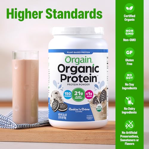 Image of Orgain Organic Vegan 21g Protein Powder, Cookies & Cream, 2.03 lb | Plant based protein, 7g prebiotic fiber, low net carb, no added sugar or lactose ingredients, non-GMO, for shakes & smoothies